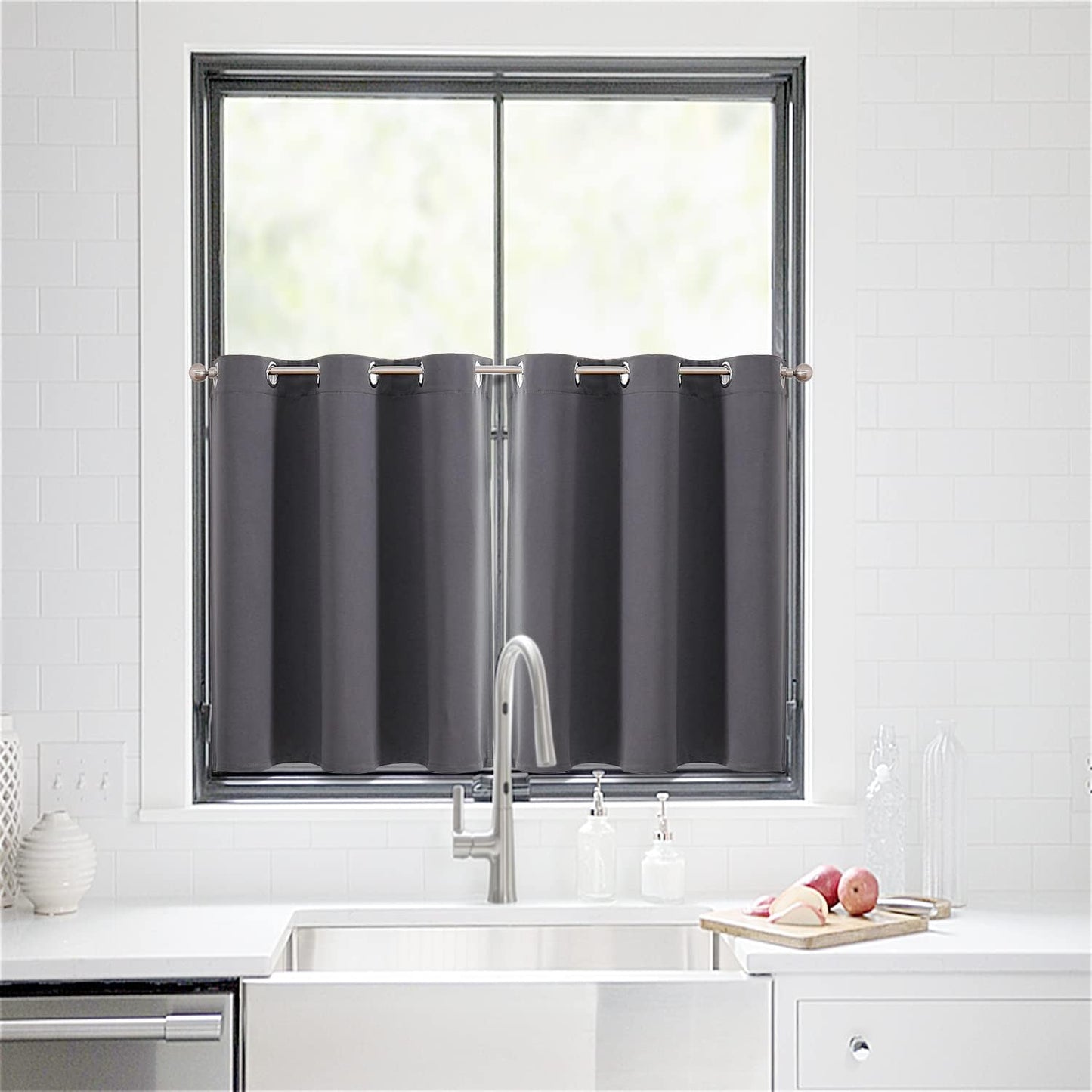 Small Window Curtains for Kitchen and Bedroom - Grommet Short Thermal Insulated Room Darkening Curtains (2 Panels, Dark Grey, 42 X 36 Inch)