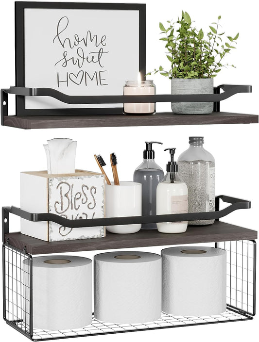 Floating Shelves with Wire Storage Basket- Black Walnut