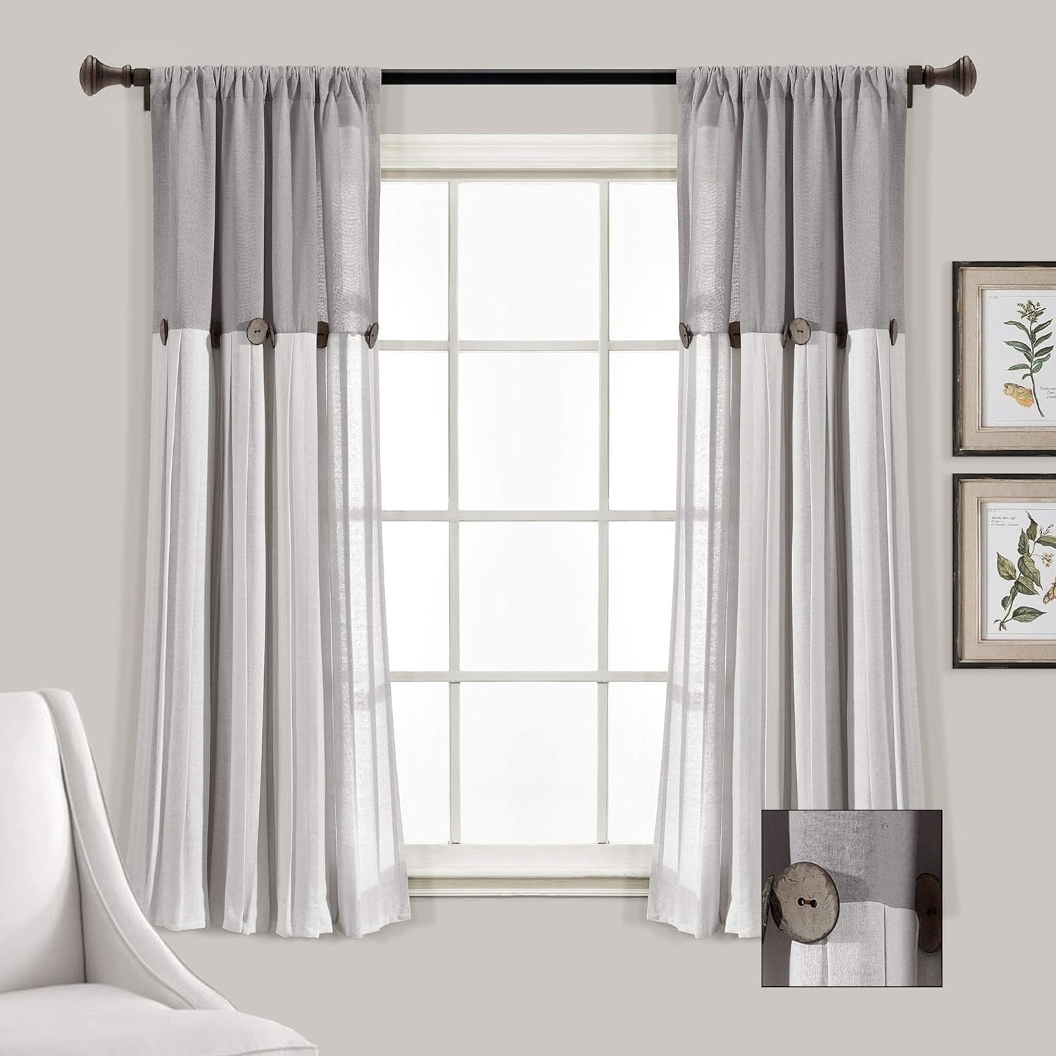 Linen Button Farmhouse Curtains, Single Panel, Pleated Two Tone Design 40"W X 63"L, Gray & Off-White