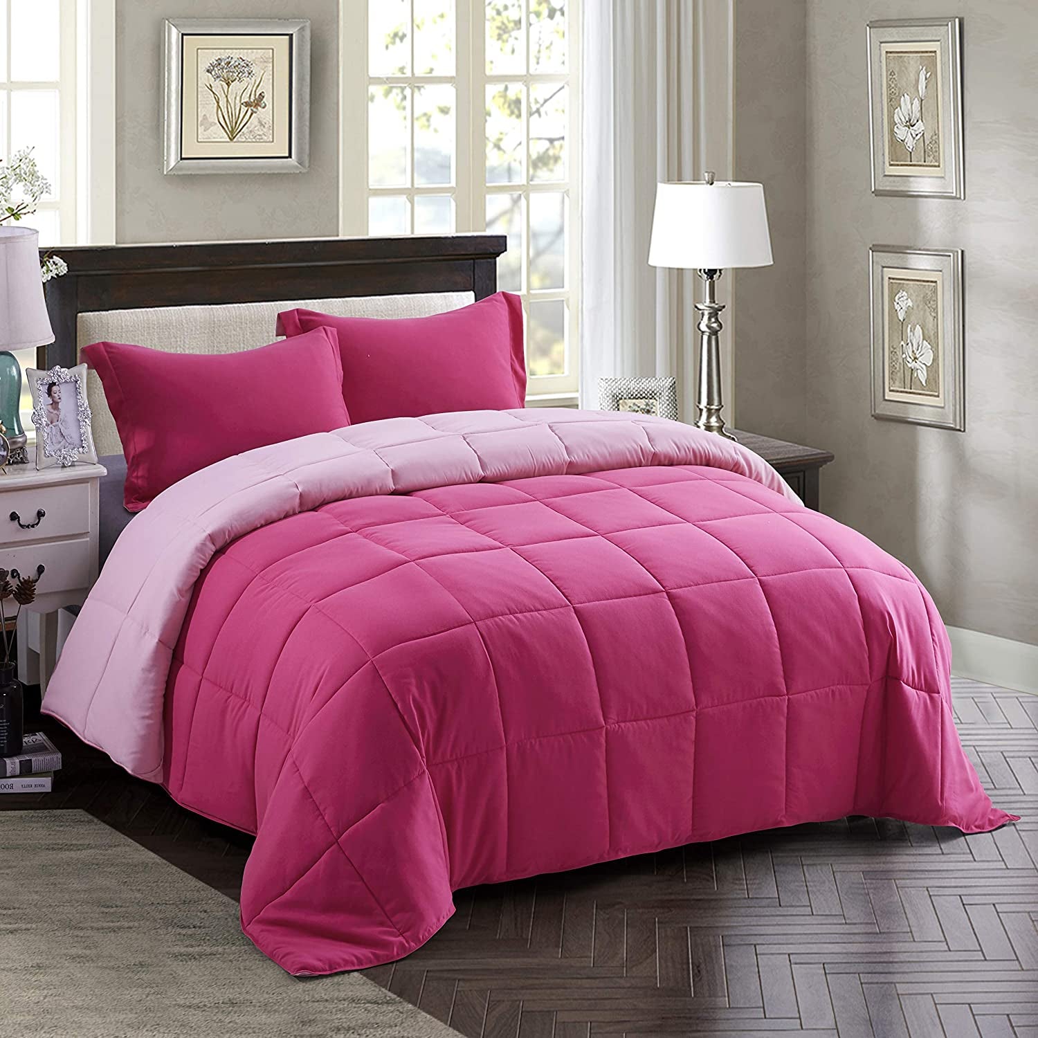 3Pc down Alternative Comforter Set - All Season Reversible Comforter with Sham - Quilted Duvet Insert with Corner Tabs - Box Stitched - Super Soft, Fluffy (Twin/Twin XL, Pink)