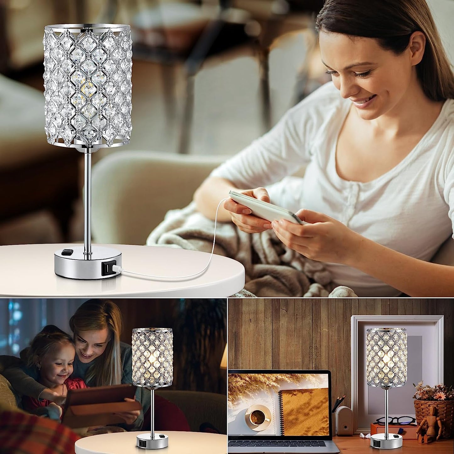 Table Lamps Set of 2-Crystal Table Lamp with USB C+A Ports & AC Outlet Sliver (LED Bulb Included)