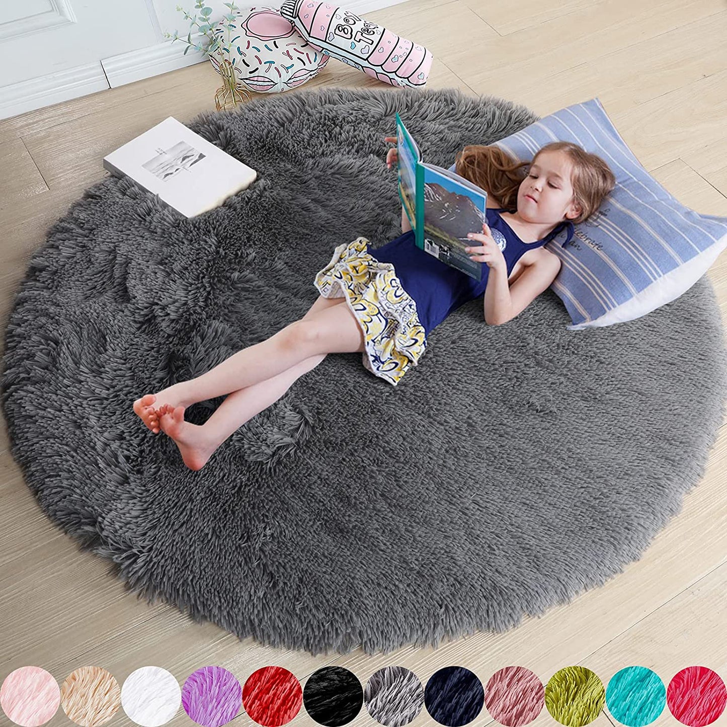 Gray round Rug for Bedroom,Fluffy Circle Rug 4'X4' for Kids Room,Furry Carpet for Teen'S Room,Shaggy Circular Rug for Nursery Room,Fuzzy Plush Rug for Dorm,Grey Carpet,Cute Room Decor for Baby