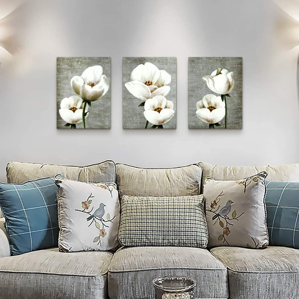 Wall Decor Canvas Wall Art Gray Green Vintage Style White Flowers 3 Panels