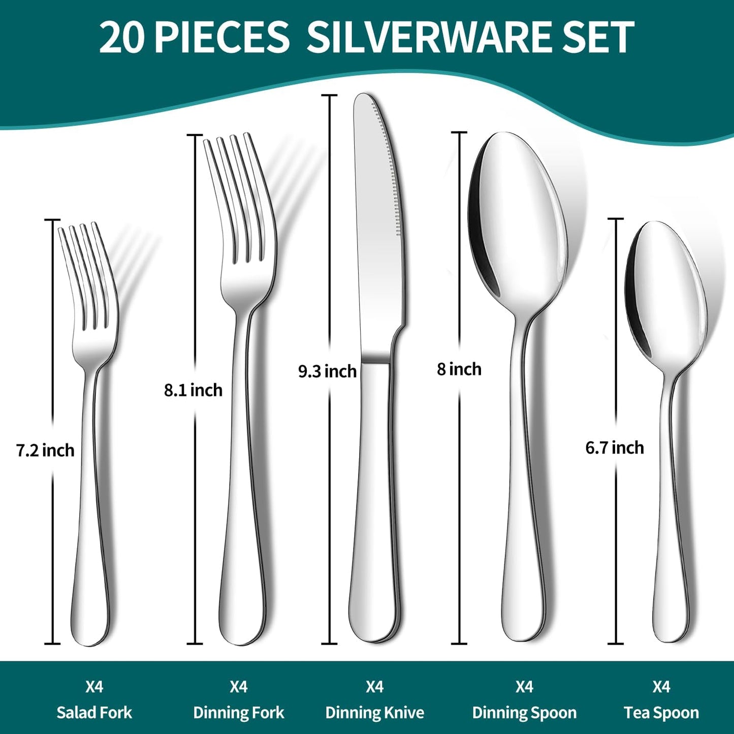 20 Piece Silverware Set,  Stainless Steel Flatware Cutlery Set, Kitchen Utensil Set Service for 4, Include Knife Fork Spoon, Mirror Polished, Dishwasher Safe