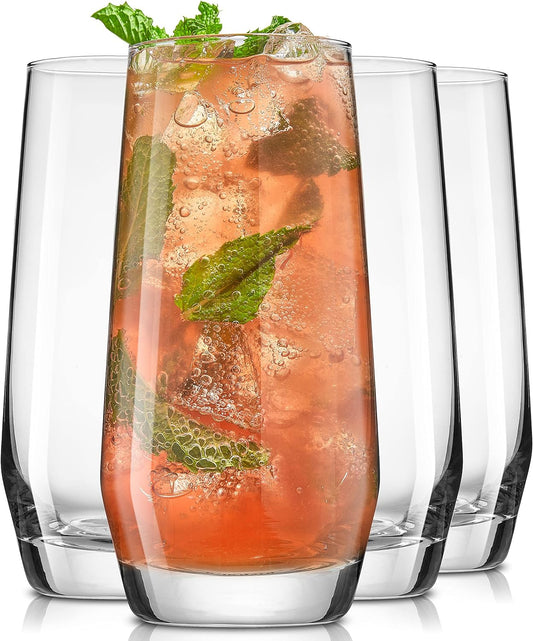 Gwen 18Oz Highball Glasses, 4Pc Tall Glass Set. Lead-Free Crystal Drinking Glasses for Water, Mojitos, Tom Collins, and Cocktails.