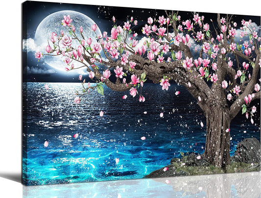 Magnolia Tree Wall-Art - Pink and Blue - Moon Framed Canvas Art Picture 16" X 12"